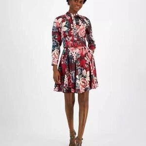 NEW Tahari ASL Women's Red Floral Mock Neck Long Sleeve Belted Dress Size 6